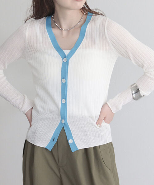 fredy emue（フレディエミュ）の「ワイドリブ配色シアーカーディガン（カーディガン/ボレロ・レディース・ネイビー/ライトグレー/オフホワイト・38）」の8枚目の写真