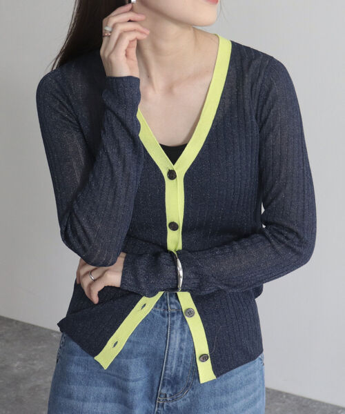 fredy emue（フレディエミュ）の「ワイドリブ配色シアーカーディガン（カーディガン/ボレロ・レディース・ネイビー/ライトグレー/オフホワイト・38）」の5枚目の写真