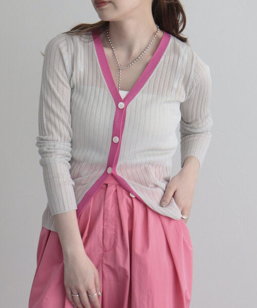 fredy emue（フレディエミュ）の「ワイドリブ配色シアーカーディガン（カーディガン/ボレロ・レディース・ネイビー/ライトグレー/オフホワイト・38）」の6枚目の写真