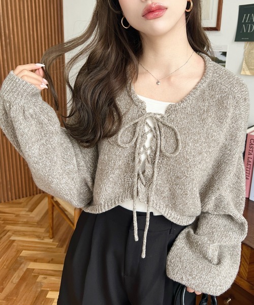 セール】前後2WAY編み上げクロップド丈ニットプルオーバー