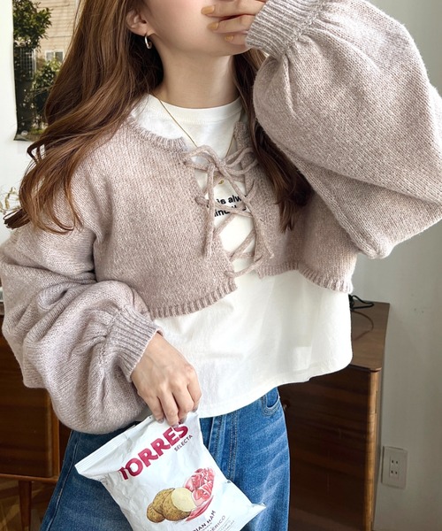 新品未使用MORABITO プレミア　ベージュ 五分袖 クロップドニット セール】前後2WAY編み上げクロップド丈ニットプルオーバー