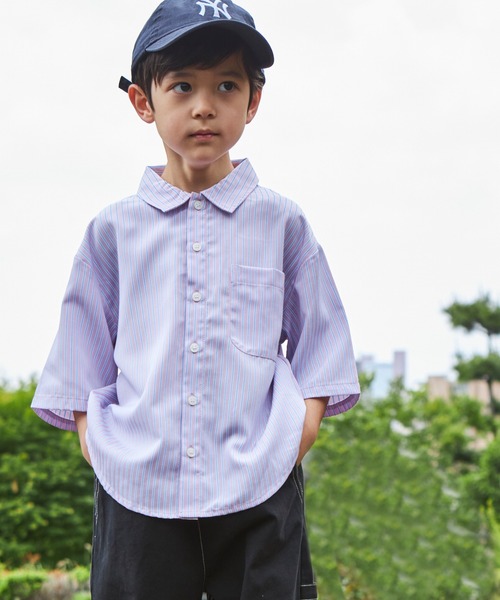 PAIRMANON STREET（ペアマノンストリート）の「【PAIRMANON STREET】マルチストライプ半袖シャツ（シャツ/ブラウス・キッズ・ブルー/レッド/ブラック/スカイブルー/ピンク・110/150/100/140/90/130/120）」の4枚目の写真