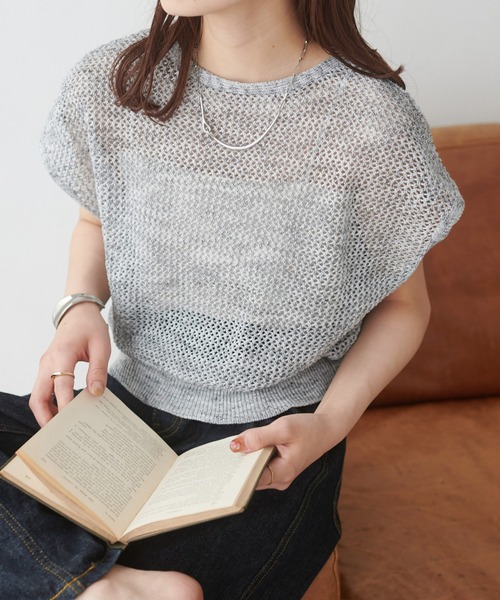 DISCOAT(ディスコート)の「メランジメッシュバックリボンフレンチ(Tシャツ/カットソー・レディース・オフホワイト/ブルー/ブラック・FREE)」の1枚目の写真