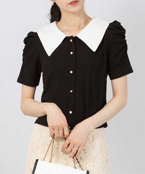 pumpkin port（パンプキンポート）の「パール釦 バイカラー襟 リブ カットソー（Tシャツ/カットソー・レディース・ブラック/アイボリー・MEDIUM）」の18枚目の写真