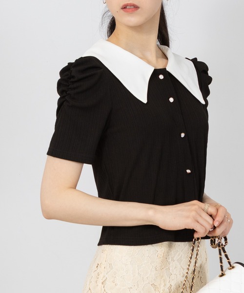 pumpkin port（パンプキンポート）の「パール釦 バイカラー襟 リブ カットソー（Tシャツ/カットソー・レディース・ブラック/アイボリー・MEDIUM）」の9枚目の写真