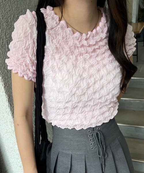 nemne store(ネンネストア)の「ぽこぽこシアーTシャツ(Tシャツ/カットソー・レディース・ピンク/ブラック/オフホワイト・フリー)」の1枚目の写真