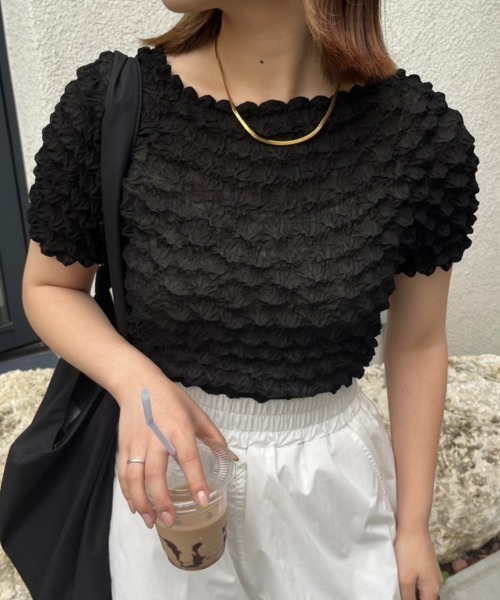 nemne store(ネンネストア)の「ぽこぽこシアーTシャツ(Tシャツ/カットソー・レディース・ピンク/ブラック/オフホワイト・フリー)」の3枚目の写真
