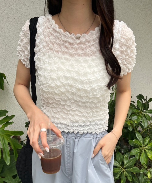 nemne store(ネンネストア)の「ぽこぽこシアーTシャツ(Tシャツ/カットソー・レディース・ピンク/ブラック/オフホワイト・フリー)」の4枚目の写真
