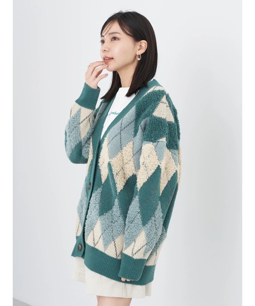 earth music&ecology(アースミュージックアンドエコロジー)の「ループ編みアーガイルカーディガン(カーディガン/ボレロ・レディース・グリーン/ベージュ/イエロー・FREE)」の5枚目の写真