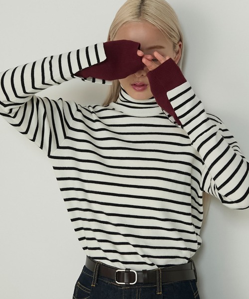 forksy.（フォルクシー）の「【forksy.】<エブリデイシリーズ>配色レイヤードニットタートルネックプルオーバー / 吸湿発熱（ニット/セーター・レディース・ブラック/ホワイト/グレー/チャコール/グレー系その他/ホワイト×ブラック/アイボリー/オフホワイト/グレー系/ブラック系・FREE）」の5枚目の写真