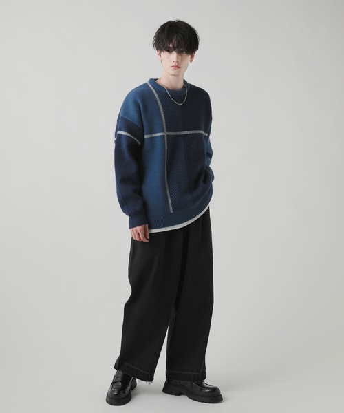 Buyer's Select/クロスチェック柄オーバーサイズクルーネックニット