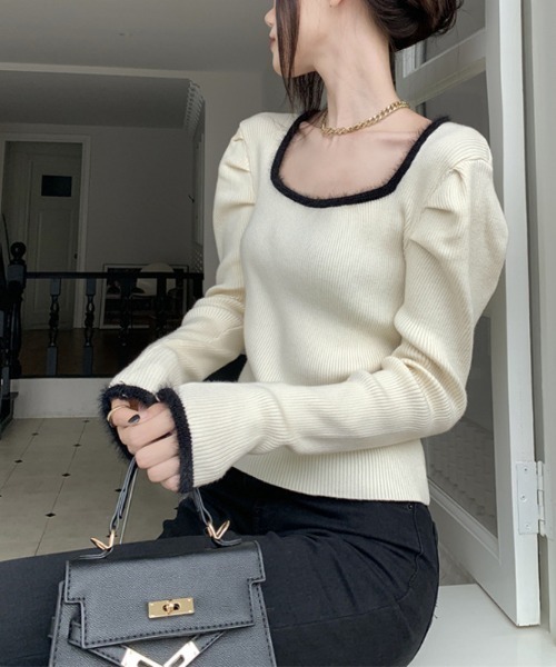 Jayro（ジャイロ）の「パワーショルダースクエアネックリブ編みニットトップス（Tシャツ/カットソー・レディース・ホワイト/ブラック/キナリ・FREE）」の5枚目の写真