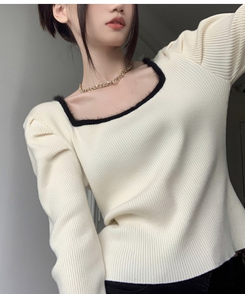 Jayro（ジャイロ）の「パワーショルダースクエアネックリブ編みニットトップス（Tシャツ/カットソー・レディース・ホワイト/ブラック/キナリ・FREE）」の6枚目の写真
