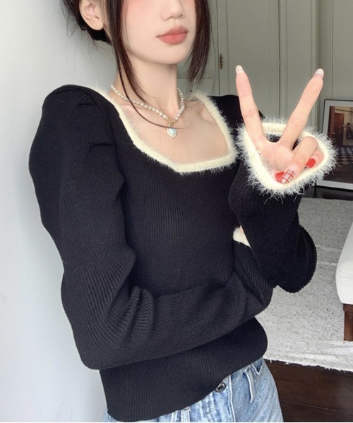 Jayro（ジャイロ）の「パワーショルダースクエアネックリブ編みニットトップス（Tシャツ/カットソー・レディース・ホワイト/ブラック/キナリ・FREE）」の12枚目の写真