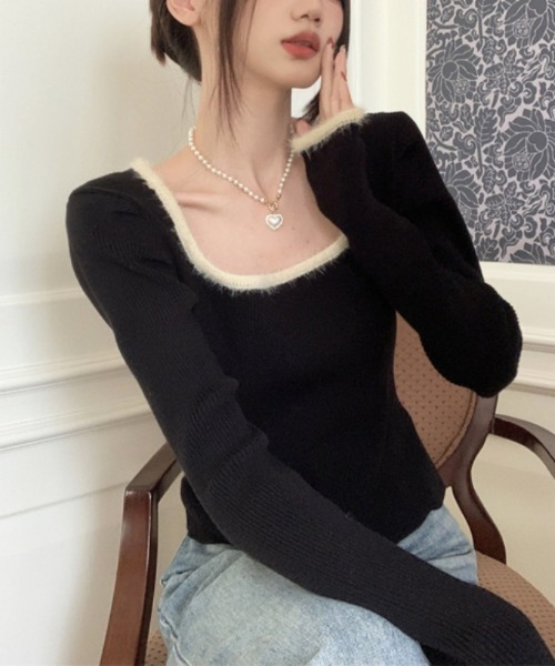 Jayro（ジャイロ）の「パワーショルダースクエアネックリブ編みニットトップス（Tシャツ/カットソー・レディース・ホワイト/ブラック/キナリ・FREE）」の13枚目の写真