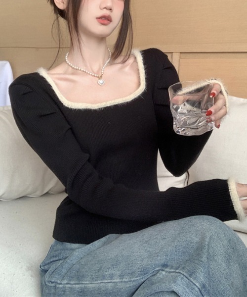 Jayro（ジャイロ）の「パワーショルダースクエアネックリブ編みニットトップス（Tシャツ/カットソー・レディース・ホワイト/ブラック/キナリ・FREE）」の14枚目の写真
