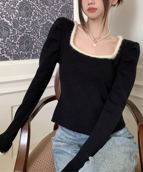 Jayro（ジャイロ）の「パワーショルダースクエアネックリブ編みニットトップス（Tシャツ/カットソー・レディース・ホワイト/ブラック/キナリ・FREE）」の15枚目の写真