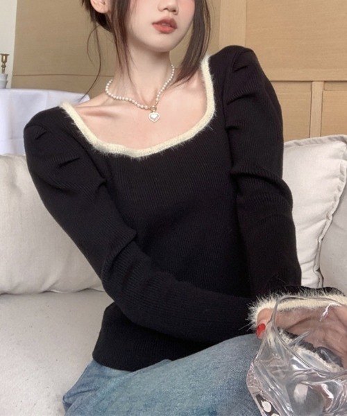 Jayro（ジャイロ）の「パワーショルダースクエアネックリブ編みニットトップス（Tシャツ/カットソー・レディース・ホワイト/ブラック/キナリ・FREE）」の16枚目の写真