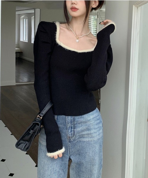 Jayro（ジャイロ）の「パワーショルダースクエアネックリブ編みニットトップス（Tシャツ/カットソー・レディース・ホワイト/ブラック/キナリ・FREE）」の17枚目の写真