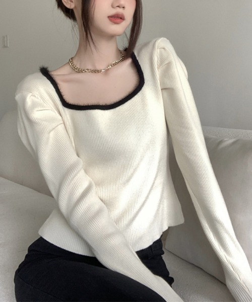 Jayro（ジャイロ）の「パワーショルダースクエアネックリブ編みニットトップス（Tシャツ/カットソー・レディース・ホワイト/ブラック/キナリ・FREE）」の7枚目の写真