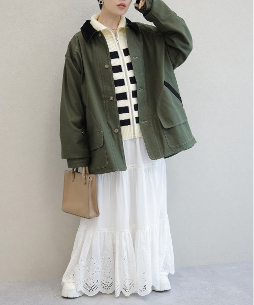 RAGEBLUE（レイジブルー）の「襟コーデュロイ/ハンティングジャケット（ミリタリージャケット・レディース・オリーブ/ブラック・FREE）」の12枚目の写真