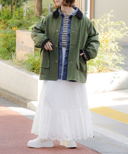 RAGEBLUE（レイジブルー）の「襟コーデュロイ/ハンティングジャケット（ミリタリージャケット・レディース・オリーブ/ブラック・FREE）」の9枚目の写真