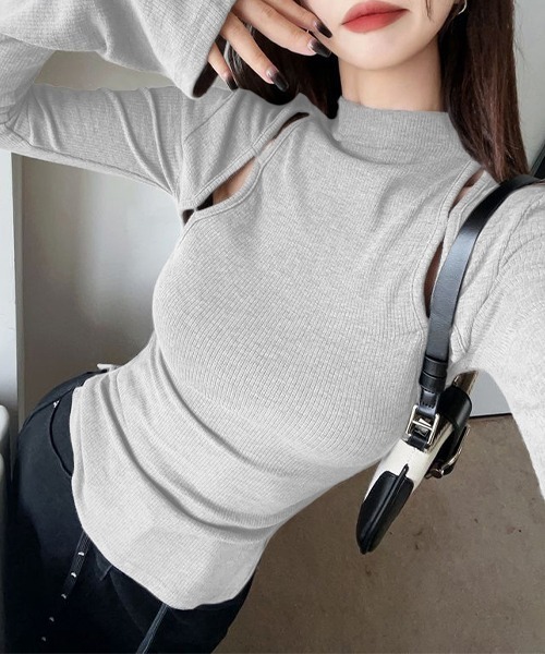 c.u.l(シーユーエル)の「袖フレアデザイン リブカットソー culw607(Tシャツ/カットソー・レディース・ブラック/グレー・L/M)」の10枚目の写真