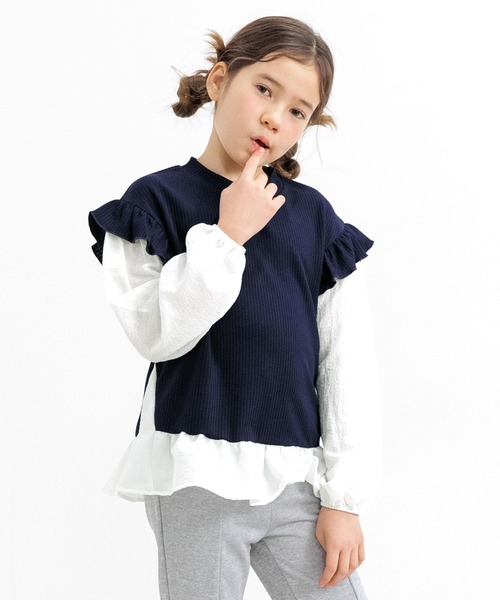 Bee des Bee（ビーデスビー）の「レイヤード風 肩フリルトップス（その他トップス・キッズ・ネイビー/アイボリー/ベージュ/ブラック/ピンク系/ホワイト/ブラック系・120cm/110cm/140cm/130cm/150cm/100cm）」の6枚目の写真