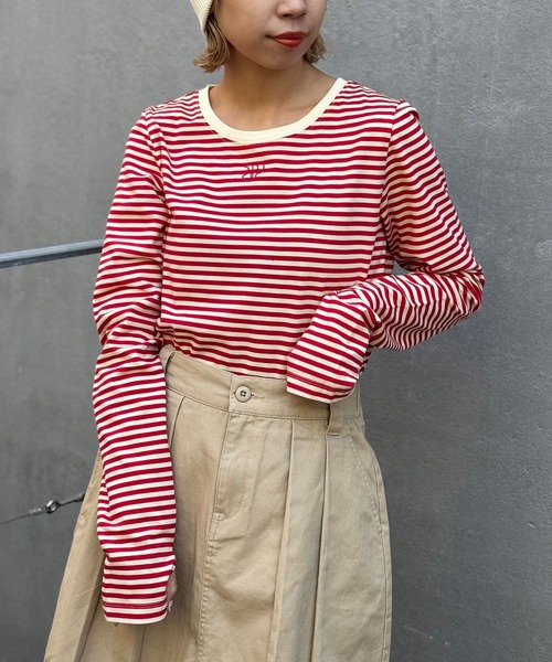 CIAOPANIC(チャオパニック)の「ボーダー刺繍ロゴロンTee(Tシャツ/カットソー・レディース・ブラック/グリーン/レッド・FREE)」の3枚目の写真