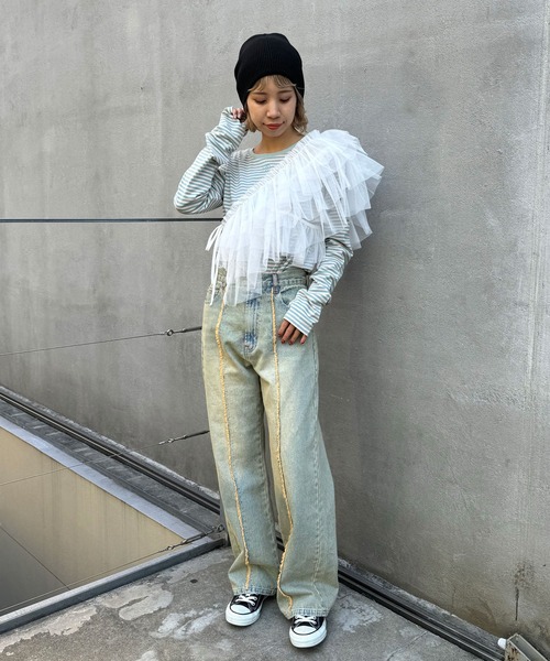 CIAOPANIC(チャオパニック)の「ボーダー刺繍ロゴロンTee(Tシャツ/カットソー・レディース・ブラック/グリーン/レッド・FREE)」の5枚目の写真