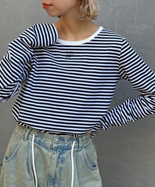 CIAOPANIC(チャオパニック)の「ボーダー刺繍ロゴロンTee(Tシャツ/カットソー・レディース・ブラック/グリーン/レッド・FREE)」の7枚目の写真