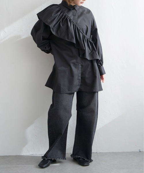 LOUDMOUTH フリル付き黒シャツ 定価12100円(税込) big collar frill half blouse / black | wee9s | ウィークス