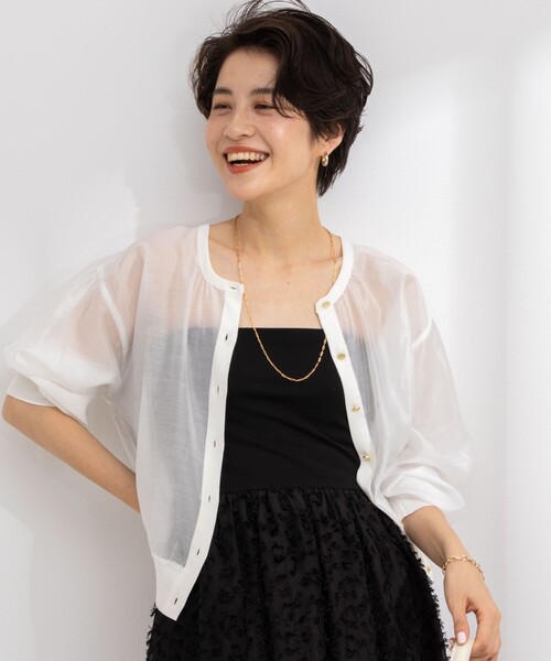 NOLLEY’S（ノーリーズ）の「《手洗い可能》シアー布帛クルーネックカーディガン（カーディガン/ボレロ・レディース・ブラウン/ブラック/オフホワイト/ネイビー/ブルー・38）」の9枚目の写真