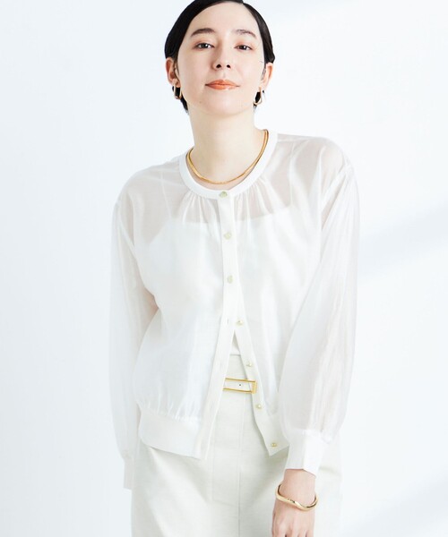 NOLLEY’S（ノーリーズ）の「《手洗い可能》シアー布帛クルーネックカーディガン（カーディガン/ボレロ・レディース・ブラウン/ブラック/オフホワイト/ネイビー/ブルー・38）」の21枚目の写真