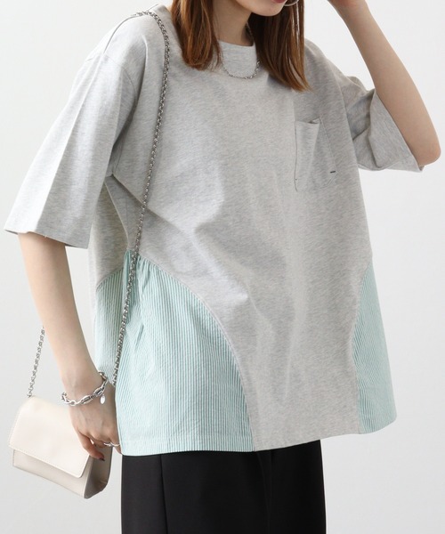 Arinomama(アリノママ)の「Arinomama ストライプ切替Tシャツ(Tシャツ/カットソー・レディース・ホワイト/ブラック/杢グレー・FREE)」の3枚目の写真