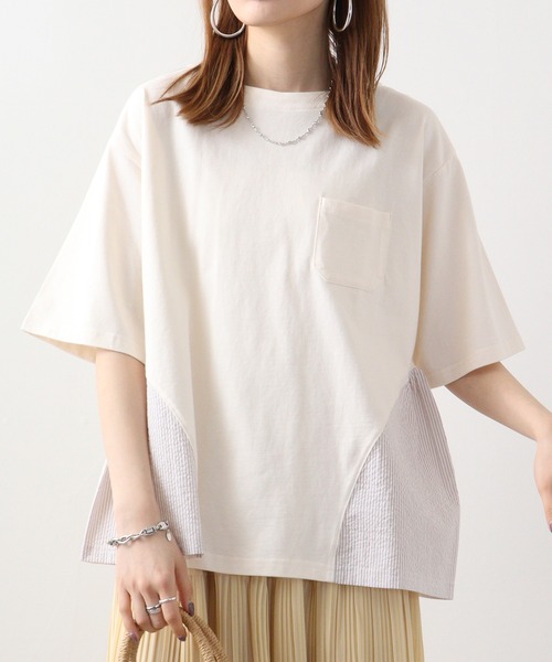 Arinomama(アリノママ)の「Arinomama ストライプ切替Tシャツ(Tシャツ/カットソー・レディース・ホワイト/ブラック/杢グレー・FREE)」の1枚目の写真