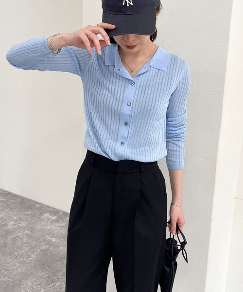 fredy emue（フレディエミュ）の「【インフルエンサー企画 別注カラーあり】衿付きシアーリブカーディガン（ニット/セーター・レディース・チャコールグレー/サックスブルー/ライトグレー/ネイビー・38）」の9枚目の写真