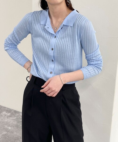 fredy emue（フレディエミュ）の「【インフルエンサー企画 別注カラーあり】衿付きシアーリブカーディガン（ニット/セーター・レディース・チャコールグレー/サックスブルー/ライトグレー/ネイビー・38）」の11枚目の写真