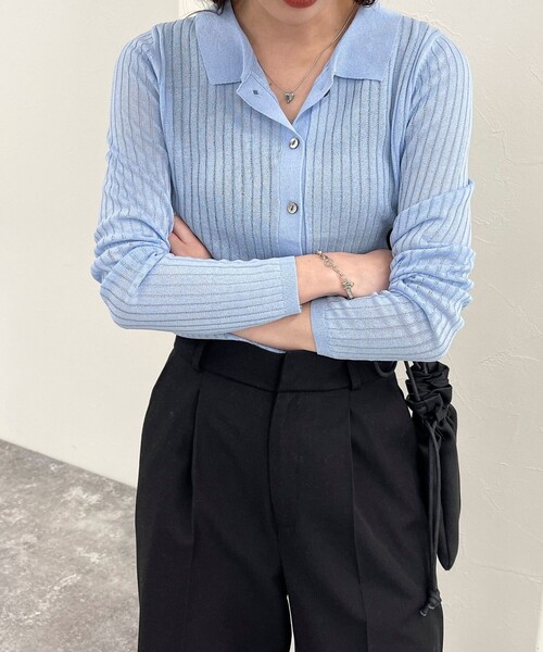 fredy emue（フレディエミュ）の「【インフルエンサー企画 別注カラーあり】衿付きシアーリブカーディガン（ニット/セーター・レディース・チャコールグレー/サックスブルー/ライトグレー/ネイビー・38）」の12枚目の写真