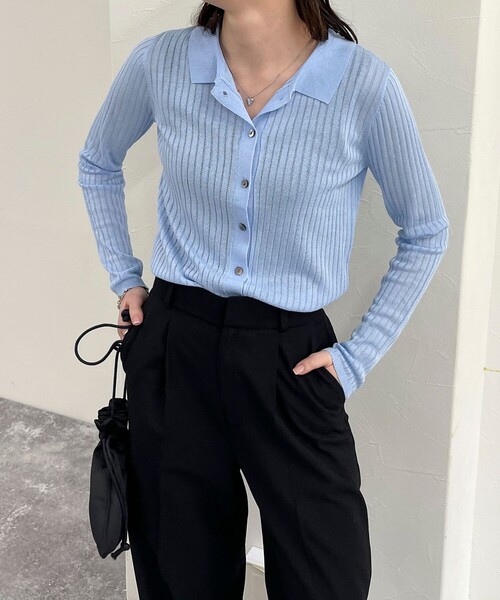 fredy emue（フレディエミュ）の「【インフルエンサー企画 別注カラーあり】衿付きシアーリブカーディガン（ニット/セーター・レディース・チャコールグレー/サックスブルー/ライトグレー/ネイビー・38）」の13枚目の写真