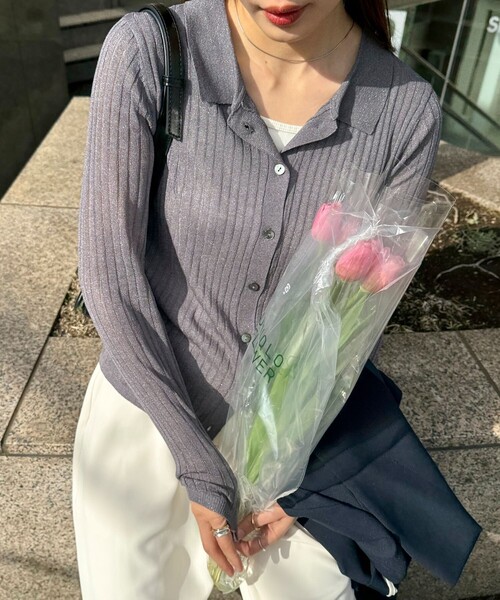 fredy emue（フレディエミュ）の「【インフルエンサー企画 別注カラーあり】衿付きシアーリブカーディガン（ニット/セーター・レディース・チャコールグレー/サックスブルー/ライトグレー/ネイビー・38）」の22枚目の写真