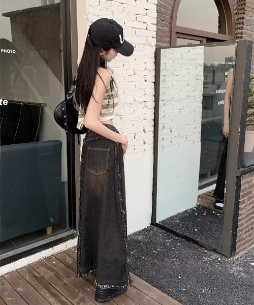 a lot of love（ア ロット オブ ラブ）の「ランダムフリンジアクセント デニムスカート（デニムスカート・レディース・ブラック・S/M）」の5枚目の写真