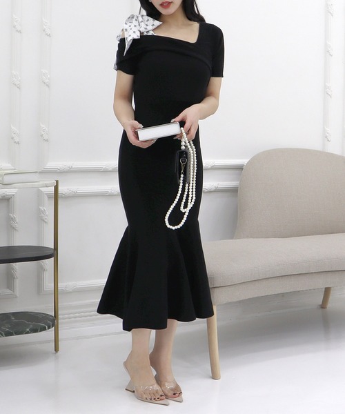 【セール】ショルダースカーフ付ニットマーメイドワンピース（ワンピース）｜ROYAL PARTY（ロイヤルパーティー）