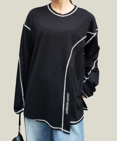 LEANN MOMENT(リーンモーメント)の「Asymmetry cross stitch cut top(Tシャツ/カットソー・レディース・ホワイト/ブラック/グリーン・SMALL/MEDIUM)」の2枚目の写真