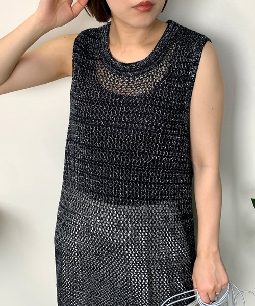 CRB(シーアールビー)の「ラメ透かし編みノースリーブロングワンピース(ワンピース・レディース・ブラック/オフホワイト/ライム・F)」の18枚目の写真