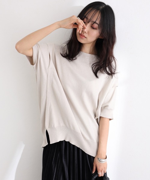 袖脇オープンラウンドネック5分袖ニット（ニット/セーター）｜ElegChic（エレグシック）