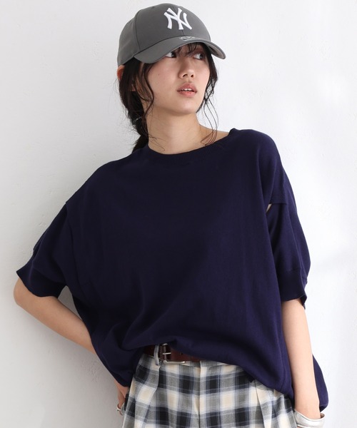 袖脇オープンラウンドネック5分袖ニット（ニット/セーター）｜ElegChic（エレグシック）