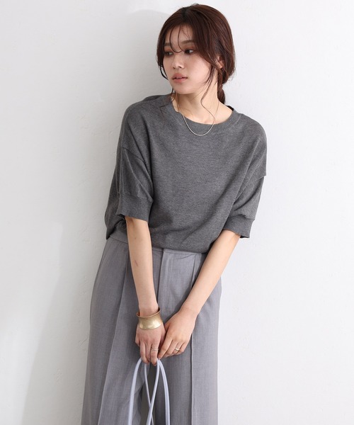 袖脇オープンラウンドネック5分袖ニット（ニット/セーター）｜ElegChic（エレグシック）