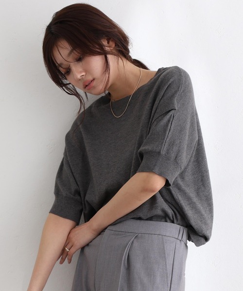 袖脇オープンラウンドネック5分袖ニット（ニット/セーター）｜ElegChic（エレグシック）
