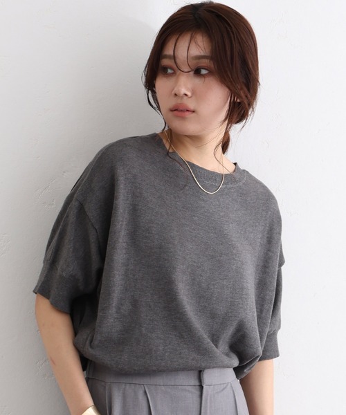 袖脇オープンラウンドネック5分袖ニット（ニット/セーター）｜ElegChic（エレグシック）